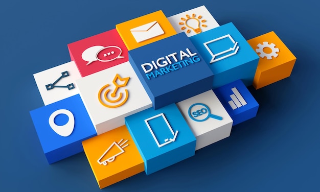 Iconos de marketing digital en un fondo oscuro 3DRendering