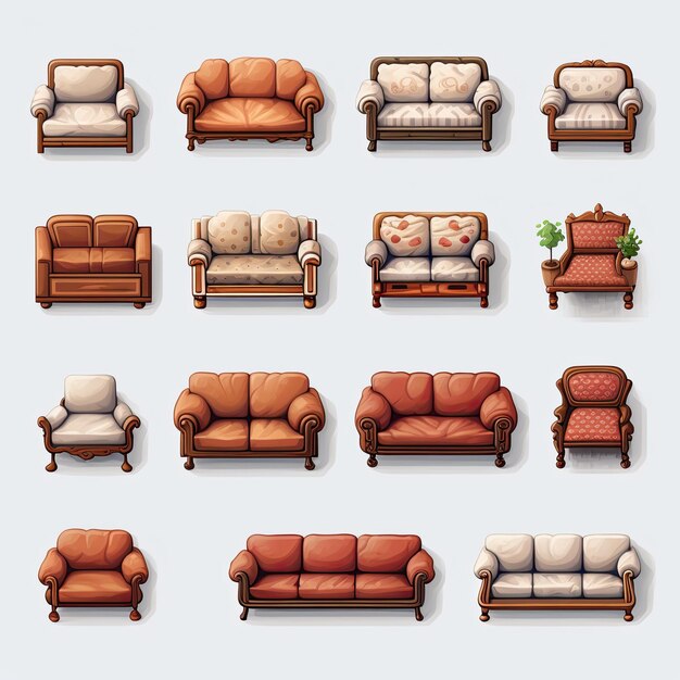 Foto iconos de muebles configurados en estilo de dibujos animados ilustración vectorial