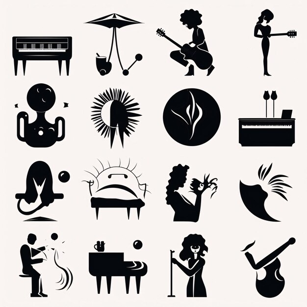 Foto los iconos musicales establecen siluetas negras en un fondo blanco ilustración vectorial