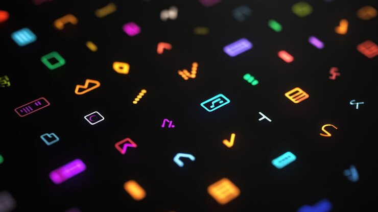 Foto iconos de neón sobre un fondo negro