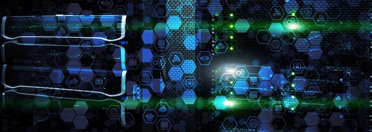 Foto iconos de panal azul en el centro de gestión de tecnología wifi gears y concepto de seguridad para su negocio