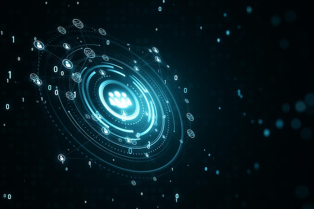 Iconos de personas brillantes Redes de estructura global creativa e intercambio de datos holograma de conexión del cliente en papel tapiz oscuro Representación 3D