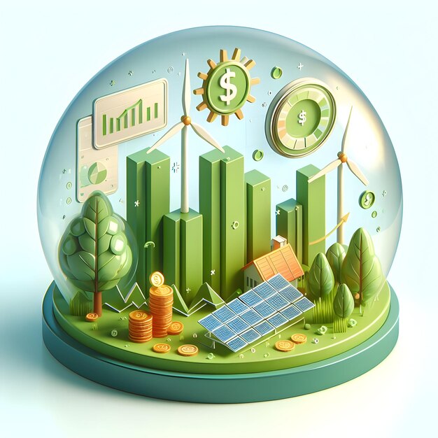 Iconos planos 3d Concepto de financiación de la energía verde Gráficos y gráficos relacionados con las inversiones en sostenibilidad