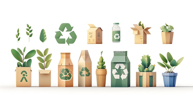 Foto iconos planos 3d de envases ecológicos para el concepto de rsc que promueve la sostenibilidad a través del estilo de dibujos animados