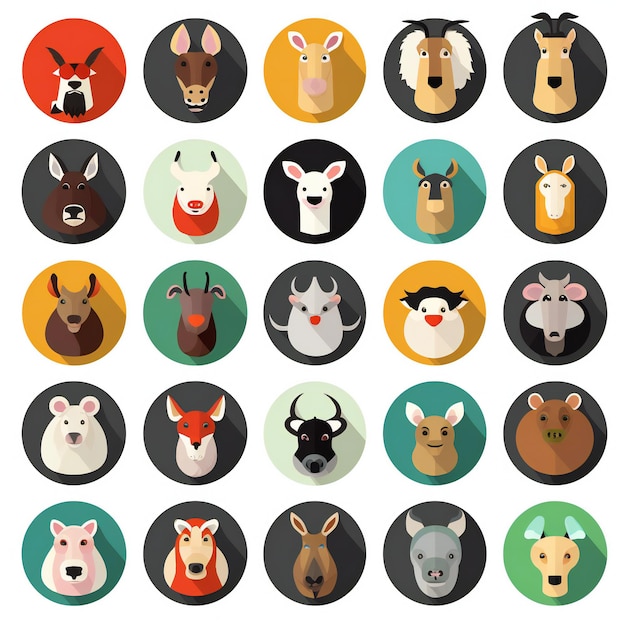 Foto iconos planos de animales con sombra larga para diseño web y móvil