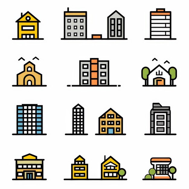 Iconos profesionales y minimalistas bienes raíces arte de línea de color lineal plano 2d fondo blanco y negro