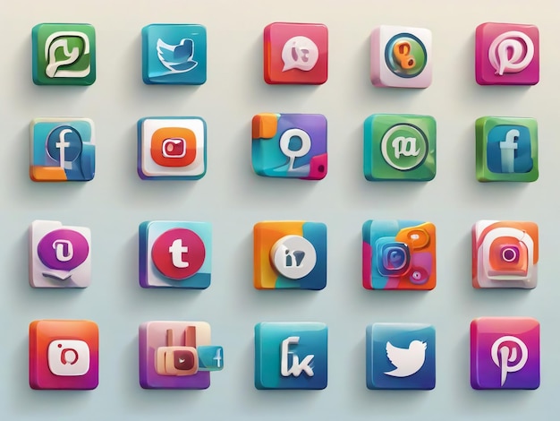 Los íconos de las redes sociales: el logotipo 3D de Facebook, Instagram, YouTube, WhatsApp y Twitter.