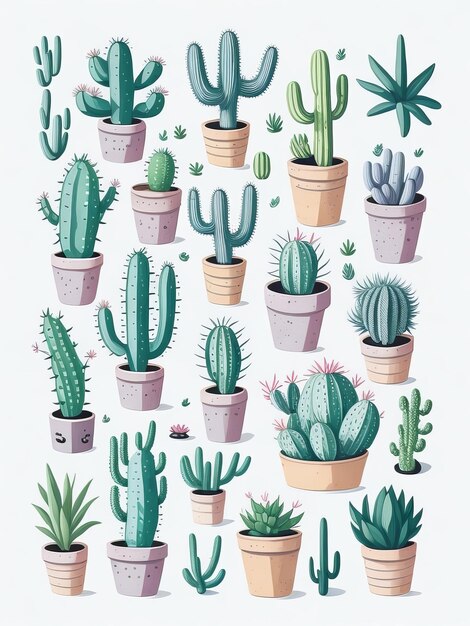 iconos redondos con lindas pegatinas de cactus en una maceta en su vector de tono pastel