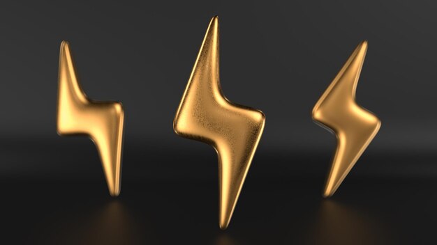 Iconos de relámpagos de oro sobre un fondo negro 3d render