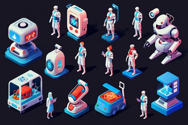 Iconos de robots médicos 3D en vista isométrica
