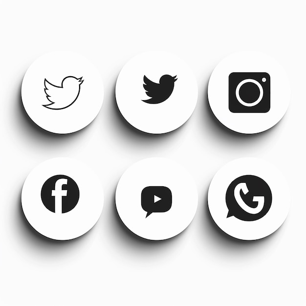 Iconos sencillos de redes sociales en blanco y negro