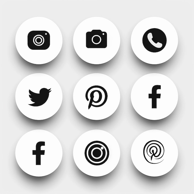 Iconos sencillos de redes sociales en blanco y negro