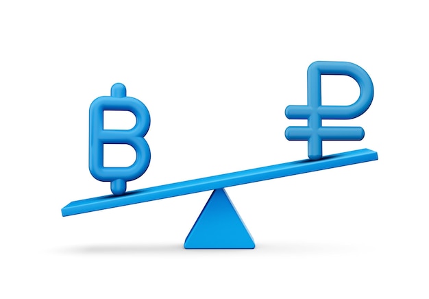 Iconos de símbolo de baht azul y rublo 3d con balancín de peso de equilibrio azul 3d ilustración 3d