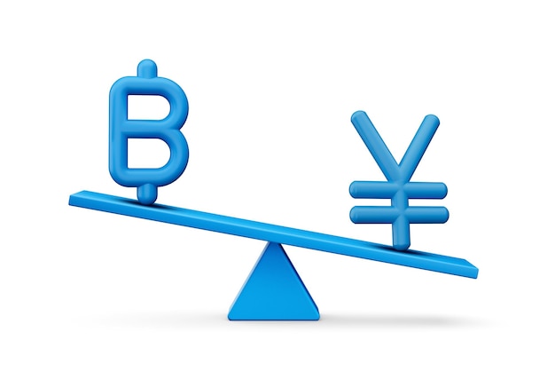 Iconos de símbolo de baht azul y yen 3d con balancín de peso de equilibrio azul 3d ilustración 3d