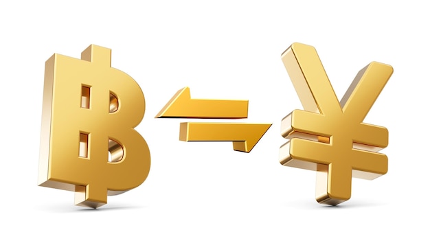 Iconos de símbolo de baht dorado y yen 3d con flechas de cambio de dinero sobre fondo blanco ilustración 3d