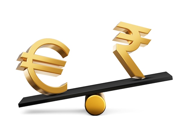 Iconos de símbolo de euro y rupia de oro 3d con balancín de peso de equilibrio negro 3d ilustración 3d