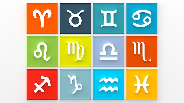 Iconos del símbolo del zodiaco en la representación 3D del fondo del color