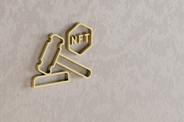 Iconos de subasta de NFT hermosos íconos de símbolo de tienda de NFT dorados en el fondo de la pared ilustración de renderización 3D