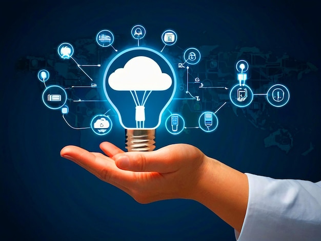 Iconos de tecnología de innovación de marketing digital de la mano con bombilla y negocios en la conexión a la red
