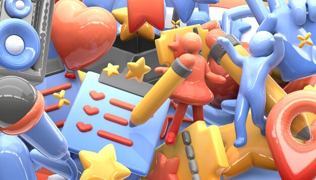 Iconos de vacaciones inflables en 3D de pantalla completa esparcidos al azar en el fondo