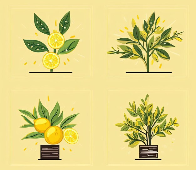 iconos de vacaciones de sukkot con hojas amarillas y limones al estilo de solapunk