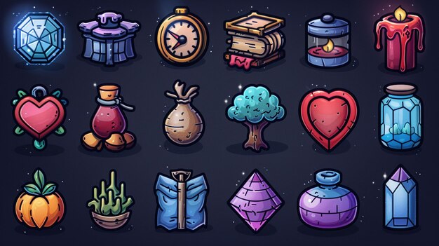 Iconos vectoriales de dibujos animados con objetos de fantasía cristales pociones y objetos