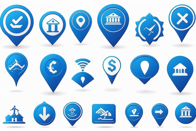 Foto los íconos vectoriales del puntero del mapa bancario el estilo del pictograma es íconos planos de cobalto con redondeados