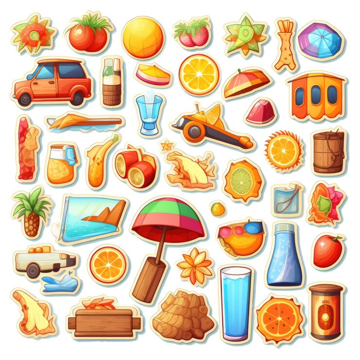 Foto iconos de verano con pegatina de fondo blanco muy detallado