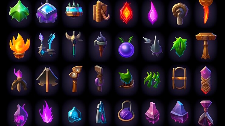 Foto iconos de videojuegos iconos 2d iconos de habilidades de rpg iconos de elementos de world of warcraft iconos de elementos de league of legends icono de habilidad pociones de fantasía hechizos objetos flores gemas swordsgenerative ai