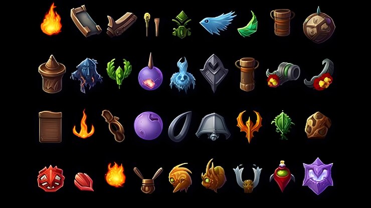 Foto iconos de videojuegos iconos 2d iconos de habilidades de rpg iconos de elementos de world of warcraft iconos de elementos de league of legends icono de habilidad pociones de fantasía hechizos objetos flores gemas swordsgenerative ai