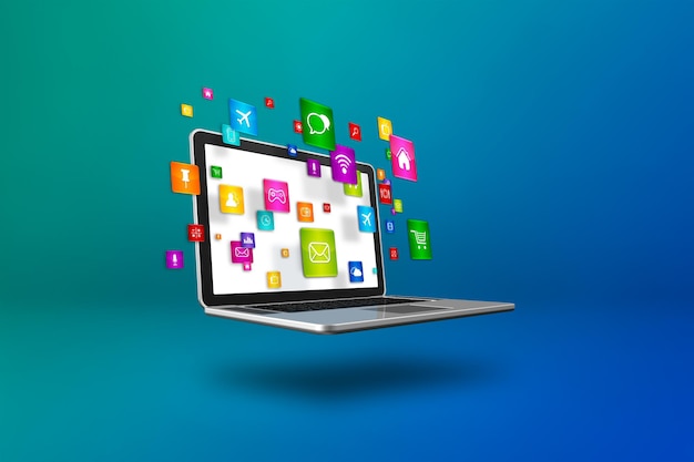 Iconos voladores alrededor de una computadora portátil Concepto de computación en la nube