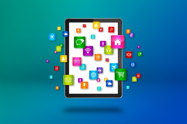 Foto iconos voladores alrededor de una tableta pc concepto de computación en la nube