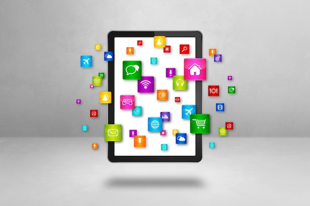 Iconos voladores alrededor de una tableta PC Concepto de computación en la nube