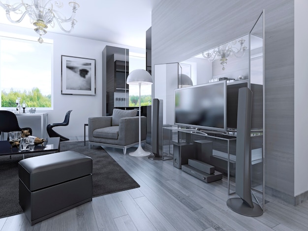 Idea de apartamentos tipo estudio en colores blanco y negro. Centro multimedia con espejo grande detrás. Render 3D