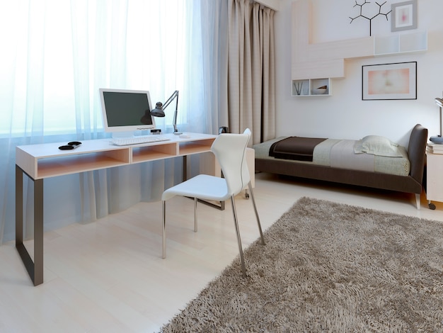 Idea de área de trabajo en el dormitorio con mesa blanca y silla con accesorios de metal cerca de la ventana.