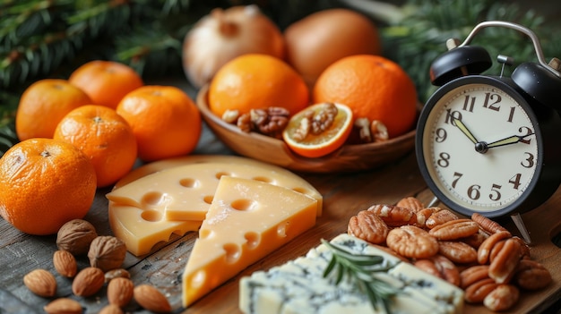 La idea del ayuno y la dieta aparece en un plato blanco que contiene verduras naranjas queso nueces y un reloj alimentos dietéticos saludables