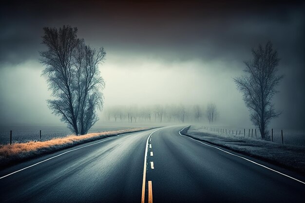 La idea de un camino oscurecido por la niebla una escena brumosa de Halloween de octubre un tramo de carretera