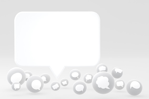 Idea comentar o pensar reacciones emoji 3d render, símbolo de globo de redes sociales con fondo de patrón de iconos de comentario