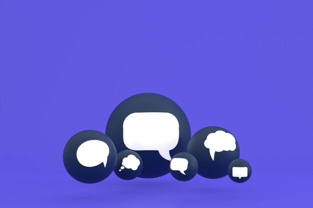 Idea comentar o pensar reacciones emoji 3d render, símbolo de globo de redes sociales con fondo de patrón de iconos de comentario