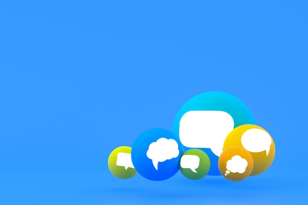 Idea comentar o pensar reacciones emoji 3d render, símbolo de globo de redes sociales con iconos de comentario