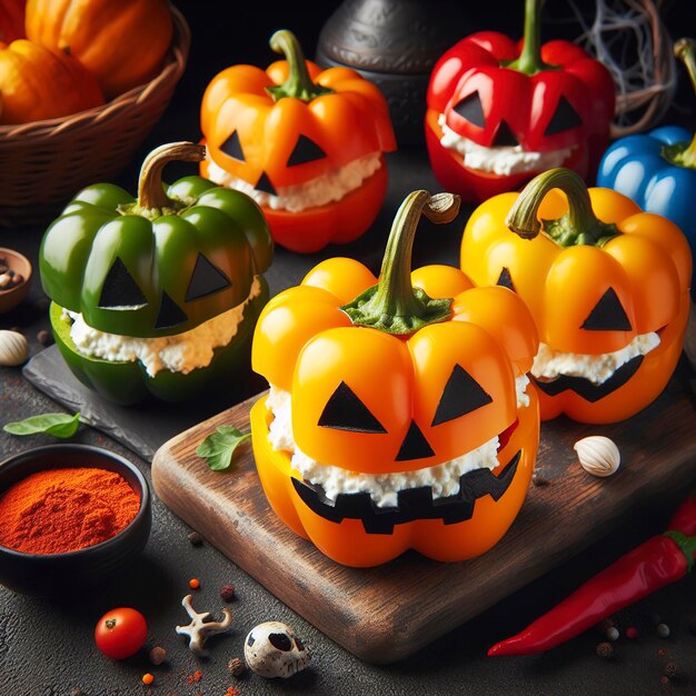 Idea de comida de Halloween relleno de pimientos coloridos con queso ricotta para la fiesta de Halloween