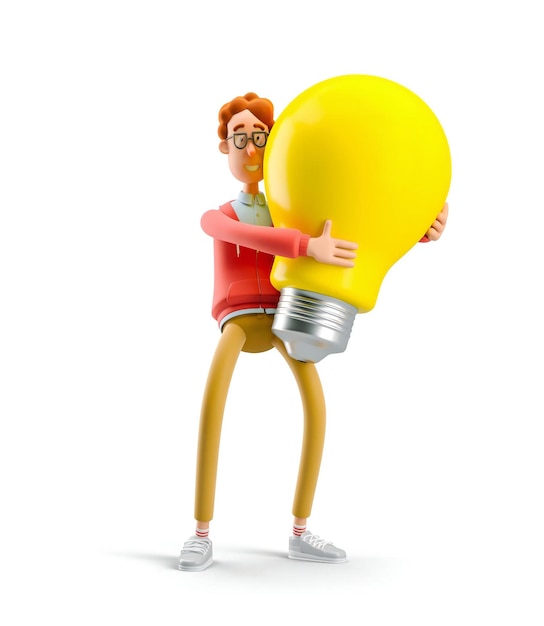 Idea y concepto de tecnología de innovación Nerd Larry con ilustración 3D de bombilla