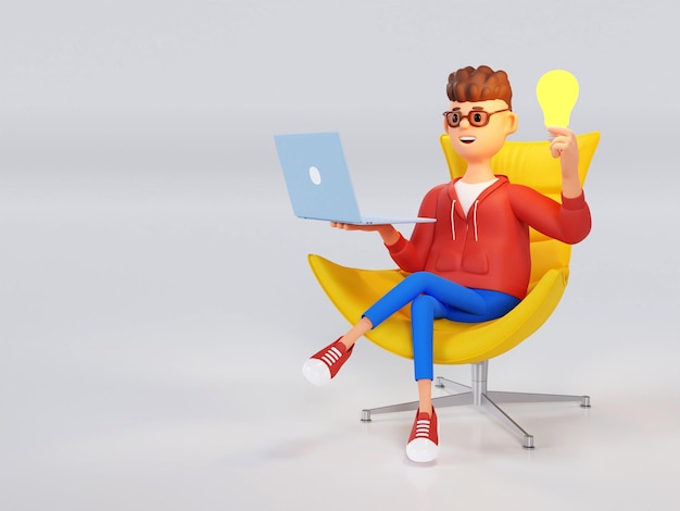 Idea y concepto de tecnología de innovación Personaje de dibujos animados un hombre se sienta en un sillón mirando una computadora portátil en busca de ideas ilustración 3d
