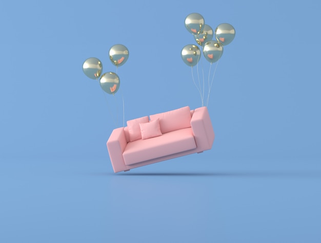 La idea conceptual abstracta del sofá rosado está flotando por globos dorados sobre fondo azul, estilo minimalista. Renderizado 3D