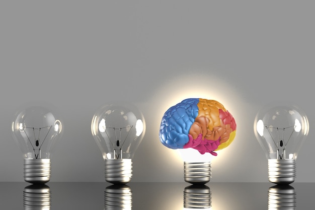 Idea creativa con cerebro colorido de renderizado 3d y bombilla de idea