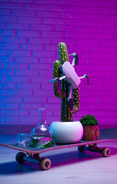 Una idea creativa para envenenar insectos en la agricultura, un vehículo aéreo no tripulado se asienta sobre un cactus, junto a los frascos de un laboratorio químico.