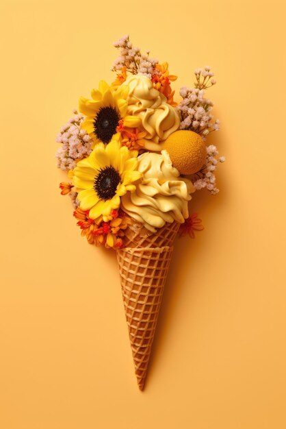 Idea creativa Flores amarillas con helado en cono de galleta Fondo de inspiración primaveral