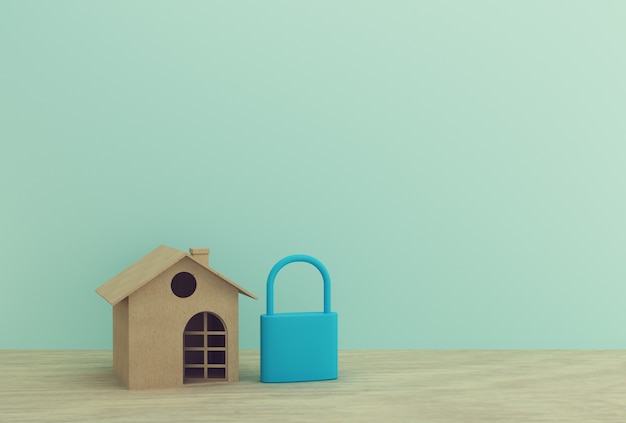 Idea creativa de papel modelo de la casa y cerradura con llave azul en la mesa de madera. Inversión inmobiliaria inmobiliaria e hipotecaria financiera.