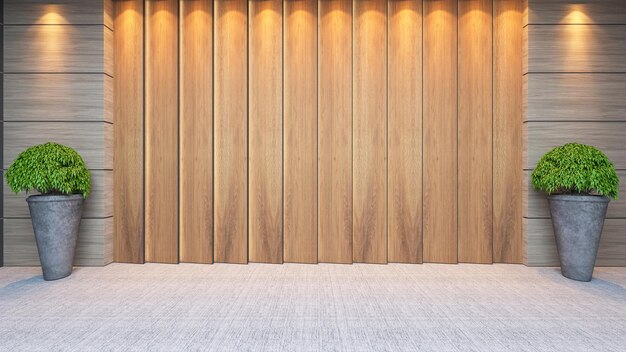 Foto idea de diseño de decoración de pared de panel de madera moderna con renderizado 3d de plantas y alfombras