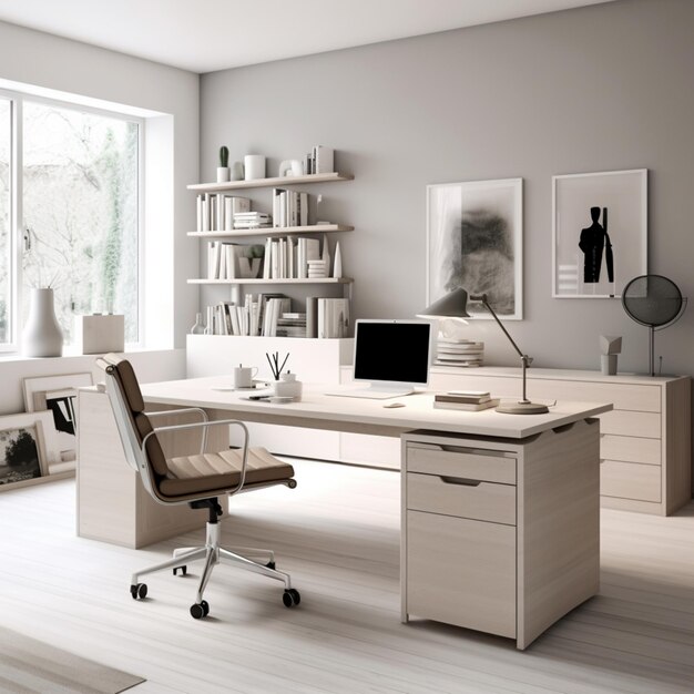 idea de diseño de espacio de trabajo de oficina minimalista generada por IA